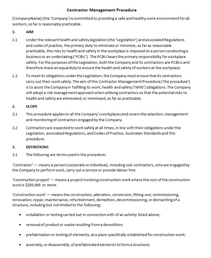 Contractor Management Procedure | My Business